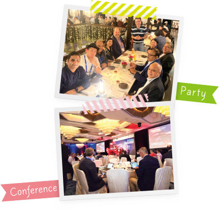 Allinial Global のカンファレンスの様子。パーティ会場と講演会場で撮影した2枚の写真。