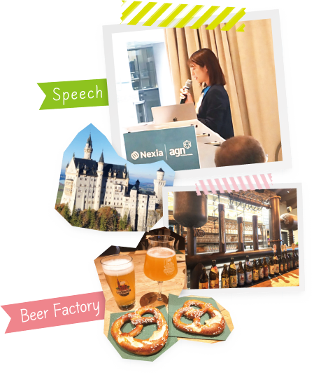 AGN のプレゼン大会での発表の様子と、ドイツ・ミュンヘンのカンファレンスで訪れた城やビール工場の写真。